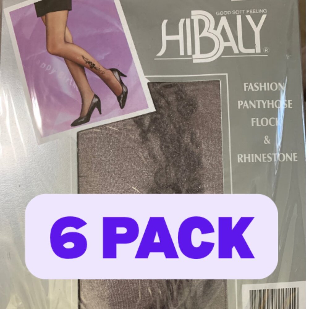 6 PACK HiBaly Fashion Pantyhose Flock & Rhinestone VTG 100% Nylon Floral Design